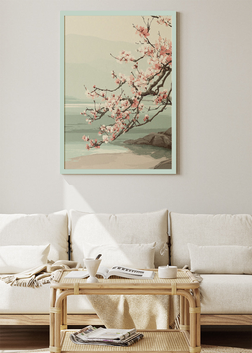 Cherry Blossom Coastal Landscape Wall Art – Soft Sage Green Japandi Canvas Print | Serene Nature Poster