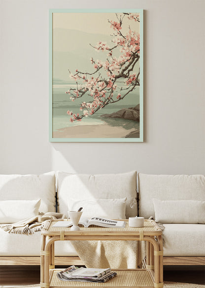 Cherry Blossom Coastal Landscape Wall Art – Soft Sage Green Japandi Canvas Print | Serene Nature Poster