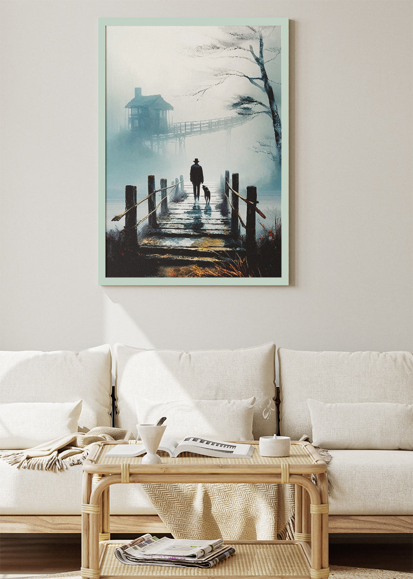 Misty Walk at Dawn – Moody Lake House Canvas & Poster Print – AI PRINT LAB
