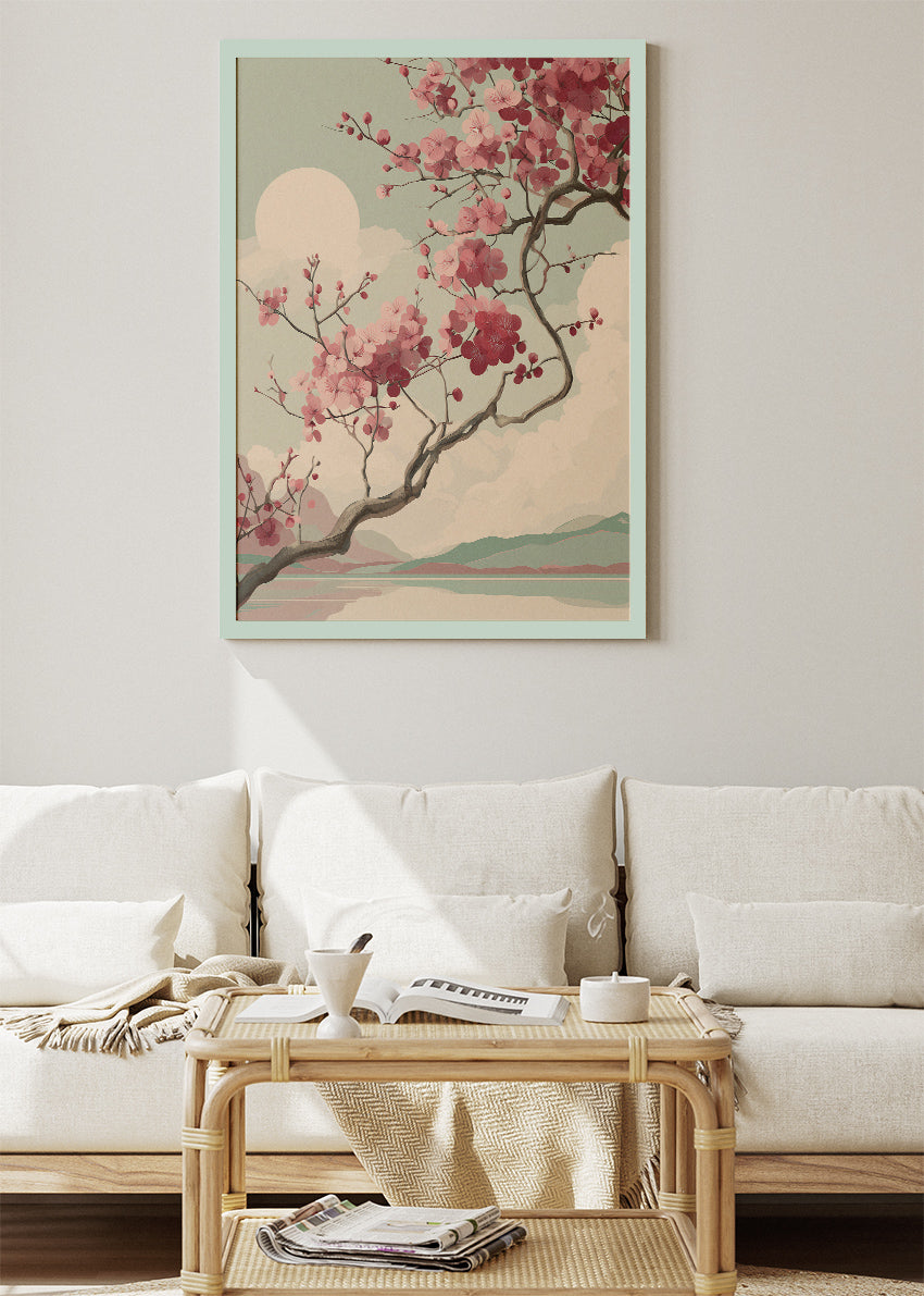 Pink Cherry Blossom Sunset Wall Art – Japandi Landscape Canvas Print | Soft Sage Nature Poster