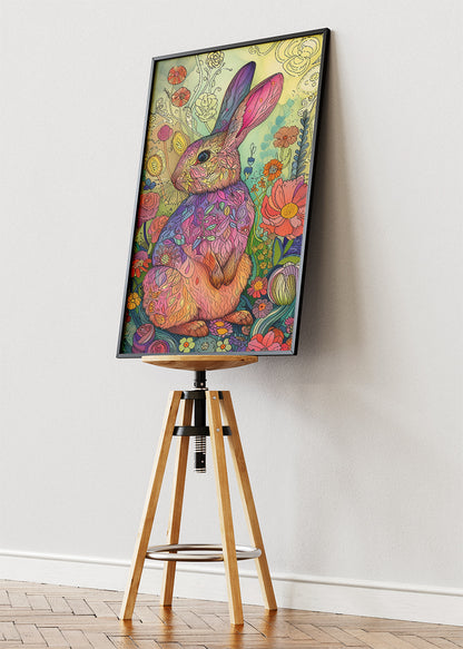 Floral Rabbit Art Poster & Canvas Print – Colourful Boho Animal Illustration