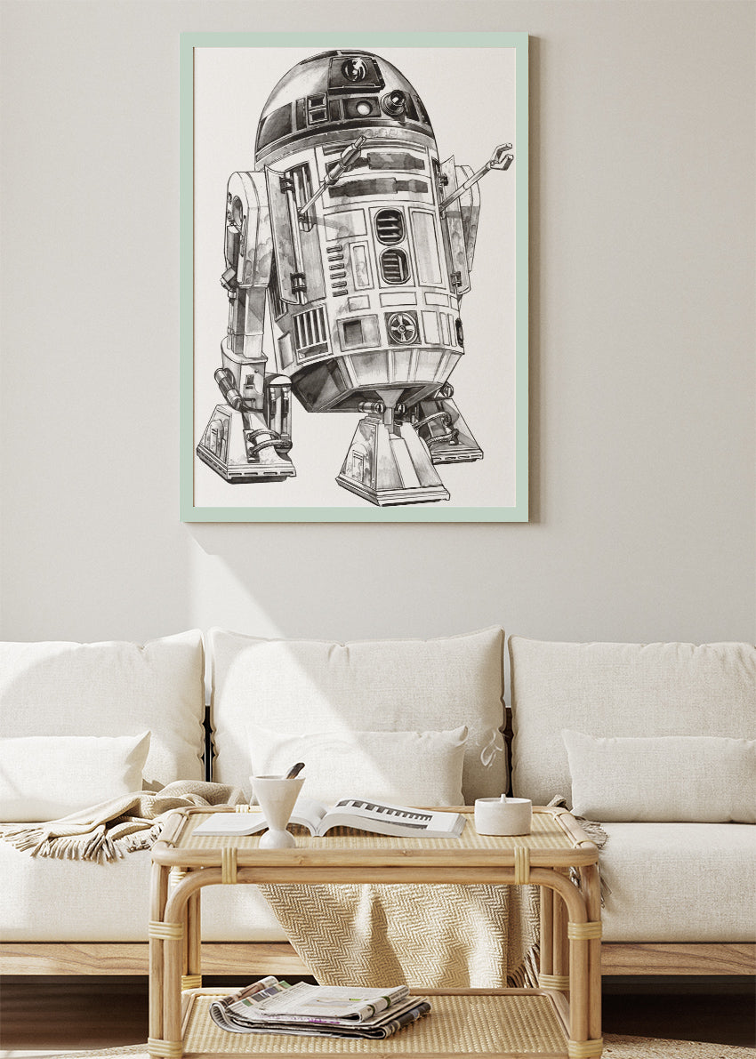 R2-D2 – Minimal Sci-Fi Line Art Canvas & Poster Print – AI PRINT LAB