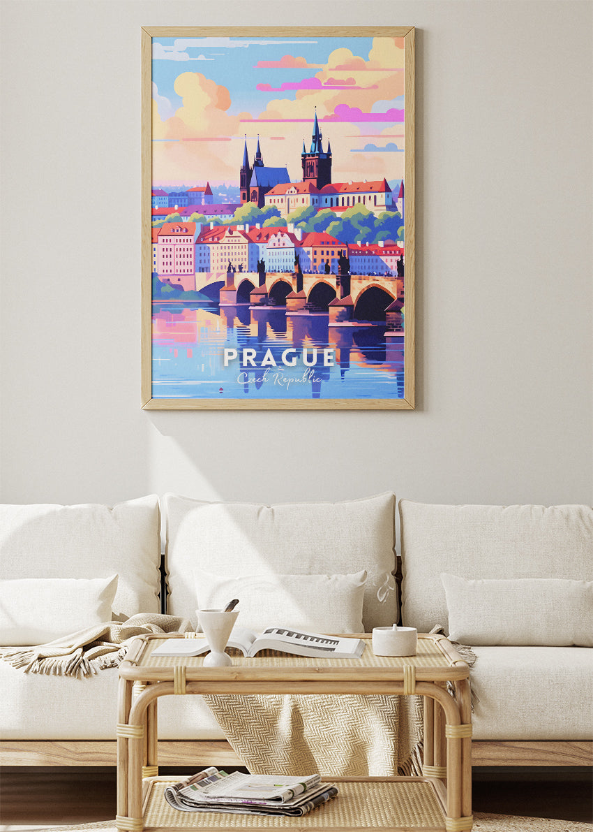 Prague Czech Republic Travel Poster & Canvas Print – Charles Bridge Skyline Wall Art