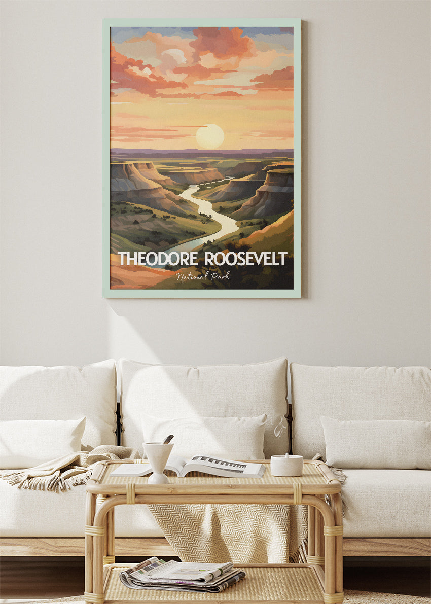Theodore Roosevelt National Park Poster & Canvas Print – Illustrated Badlands Sunset Wall Art