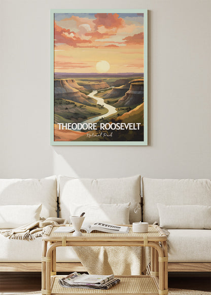 Theodore Roosevelt National Park Poster & Canvas Print – Illustrated Badlands Sunset Wall Art