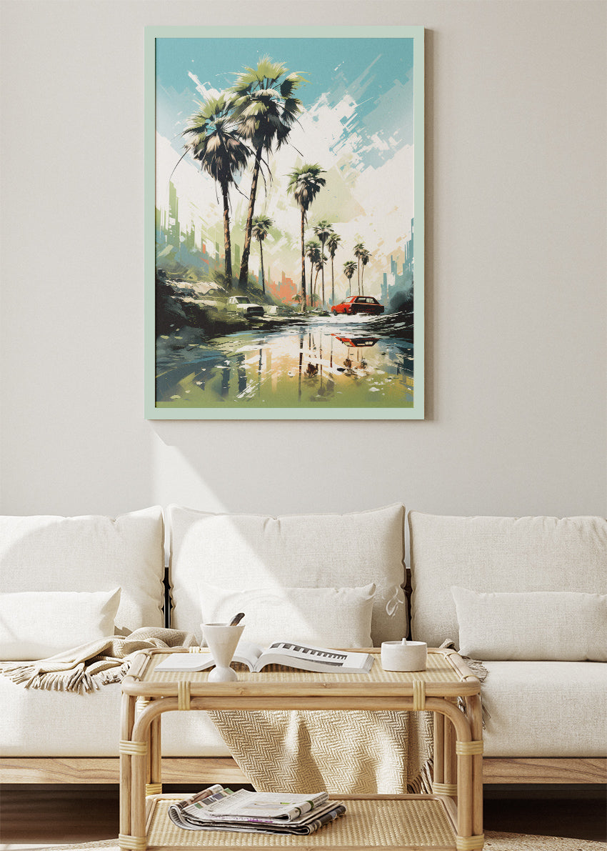 Palm Reflections – Modern Coastal City Canvas & Poster Print – AI PRINT LAB