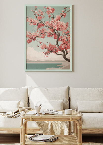 Blush Cherry Blossom Lake Wall Art – Sage Green Japandi Canvas Print | Serene Floral Landscape Poster
