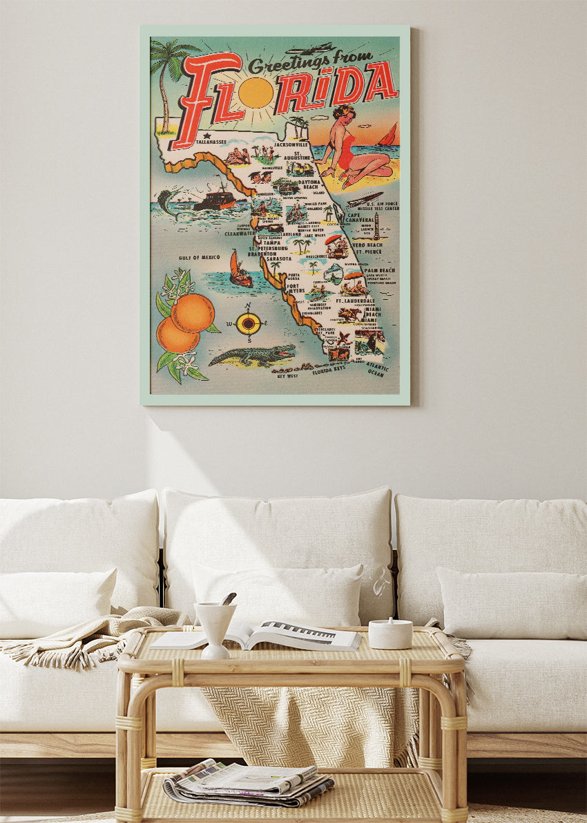 Florida Vintage Map Poster & Canvas Print – Retro Illustrated Sunshine State Wall Art