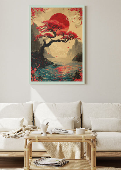 Crimson Sunset Bonsai Wall Art – Japanese Inspired Red Sun Canvas Print | Dramatic Oriental Landscape Poster