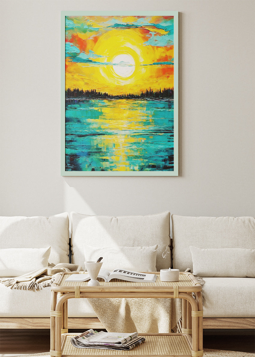 Golden Horizon Reflection – Vibrant Sunset Canvas & Poster Print – AI PRINT LAB