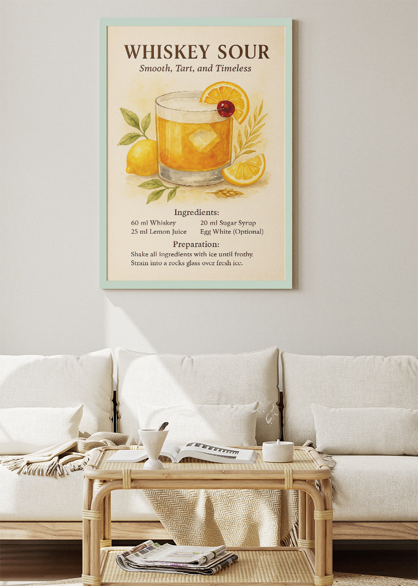 Whiskey Sour Watercolor Cocktail Poster & Canvas Print | Classic Recipe Bar Wall Art