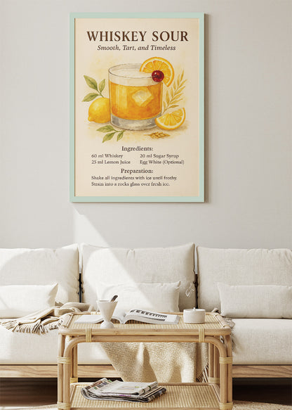 Whiskey Sour Watercolor Cocktail Poster & Canvas Print | Classic Recipe Bar Wall Art