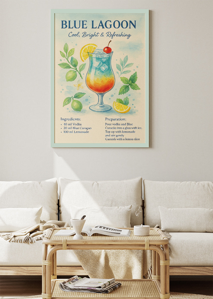 Blue Lagoon Watercolor Cocktail Poster & Canvas Print | Cool & Refreshing Bar Wall Art