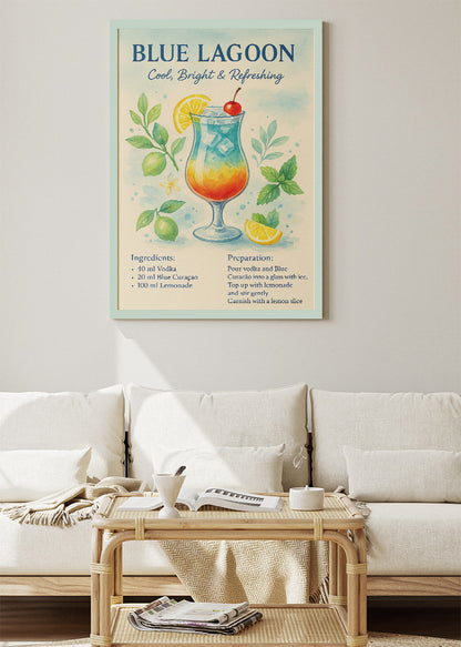 Blue Lagoon Watercolor Cocktail Poster & Canvas Print | Cool & Refreshing Bar Wall Art