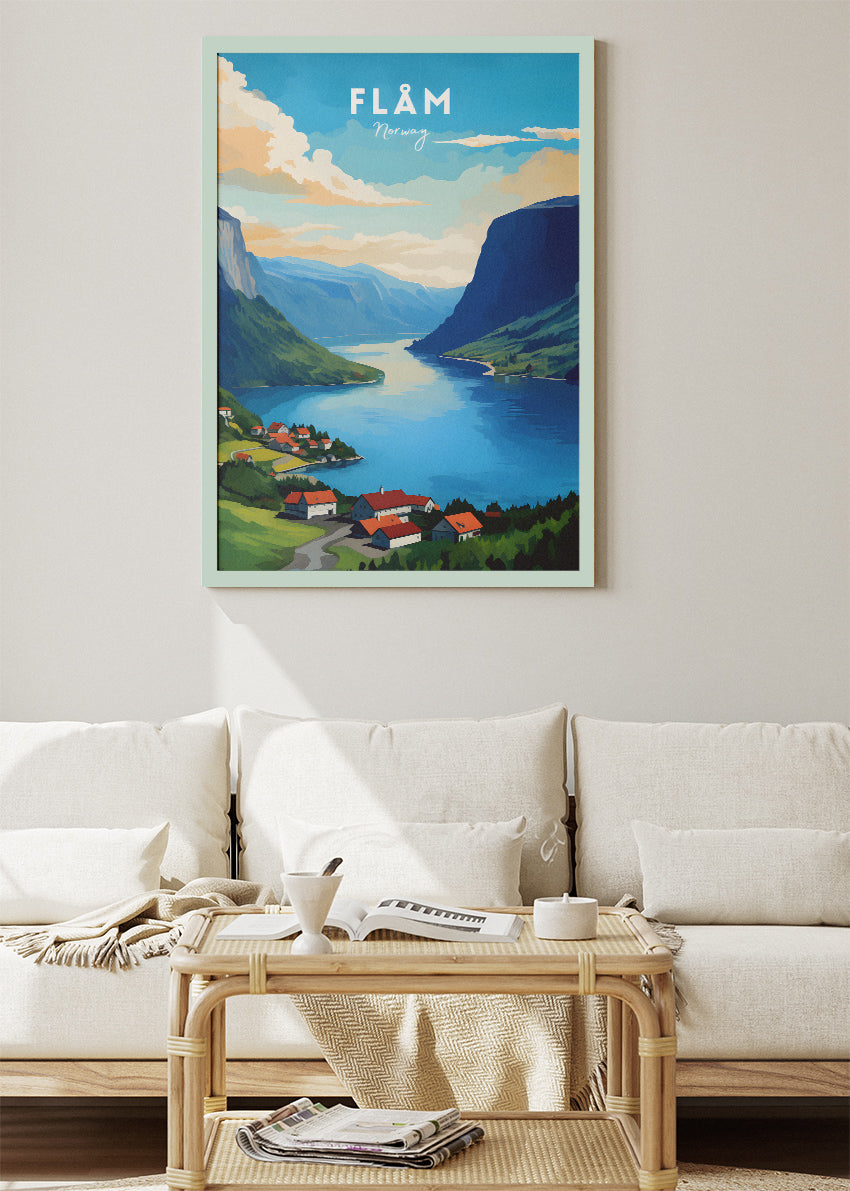 Flåm Norway Poster & Canvas Print – Modern Illustrated Nordic Fjord Landscape Art