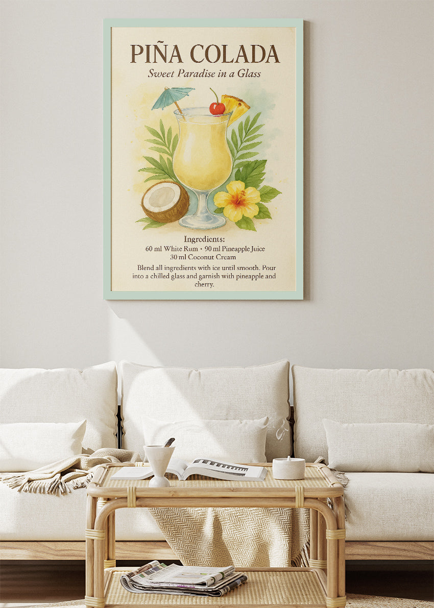Piña Colada Watercolor Cocktail Poster & Canvas Print | Tropical Botanical Bar Wall Art