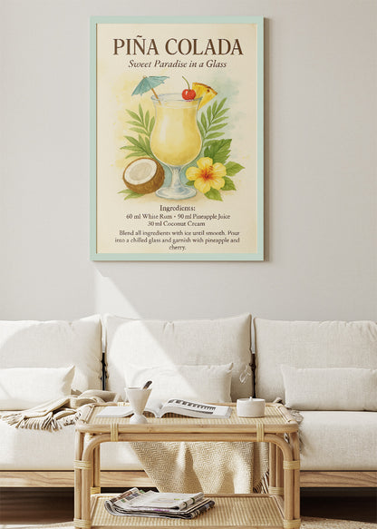Piña Colada Watercolor Cocktail Poster & Canvas Print | Tropical Botanical Bar Wall Art