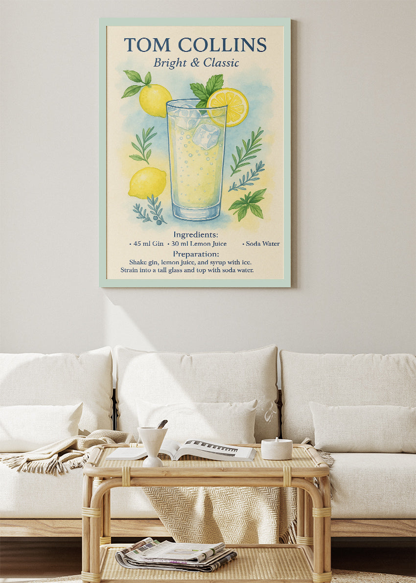 Tom Collins Bright & Classic Cocktail Poster & Canvas Print – Watercolor Gin Drink Wall Art – AI PRINT LAB