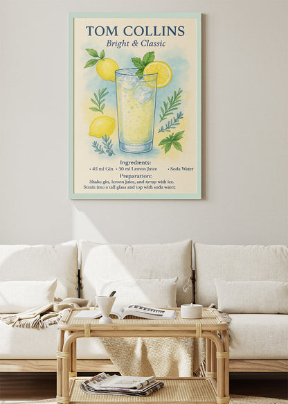 Tom Collins Bright & Classic Cocktail Poster & Canvas Print – Watercolor Gin Drink Wall Art – AI PRINT LAB
