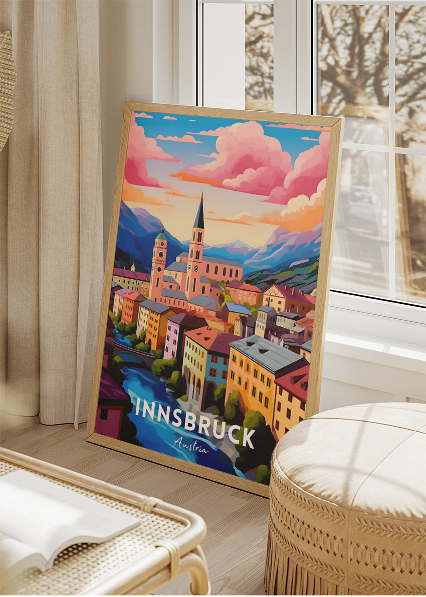 Innsbruck Austria Travel Poster & Canvas Wall Art – Colourful Alpine City Illustration