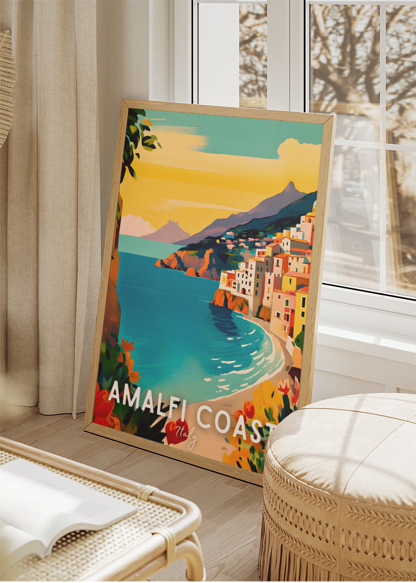 Amalfi Coast Italy Poster & Canvas Print – Illustrated Mediterranean Coastal Art
