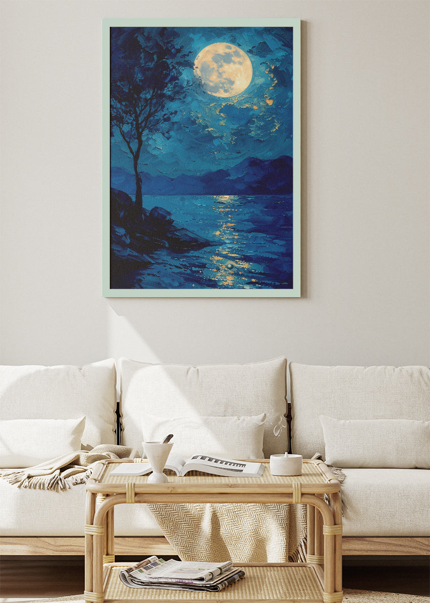Moonlit Lake Reflection – Blue Night Landscape Wall Art Poster & Canvas – AI PRINT LAB
