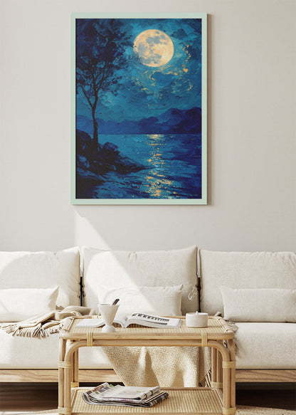 Moonlit Lake Reflection – Blue Night Landscape Wall Art Poster & Canvas – AI PRINT LAB