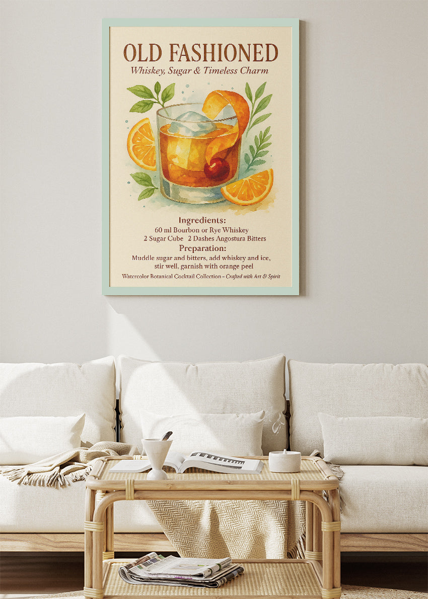 Old Fashioned Watercolor Cocktail Poster & Canvas Print | Botanical Whiskey Wall Art