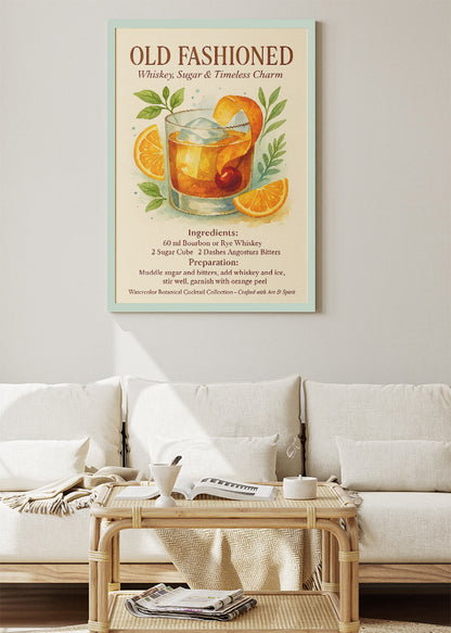 Old Fashioned Watercolor Cocktail Poster & Canvas Print | Botanical Whiskey Wall Art