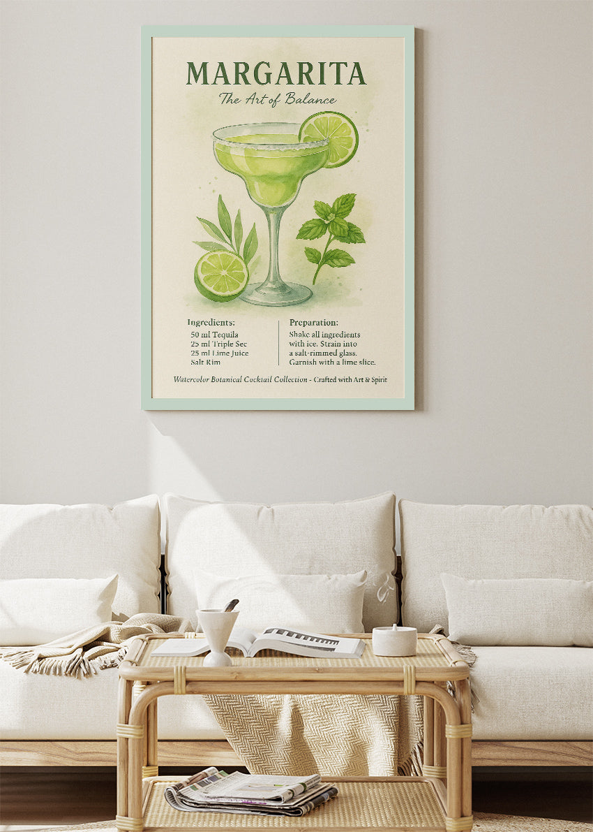 Margarita Watercolor Botanical Cocktail Poster & Canvas Print | Elegant Bar Wall Art