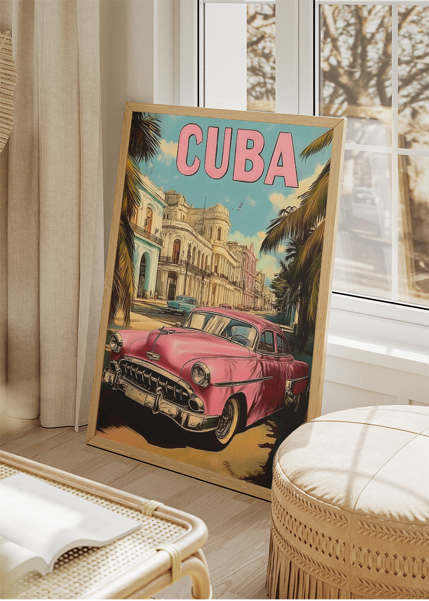 Cuba Havana Pink Classic Car Poster & Canvas Print – Vintage Retro Street Art