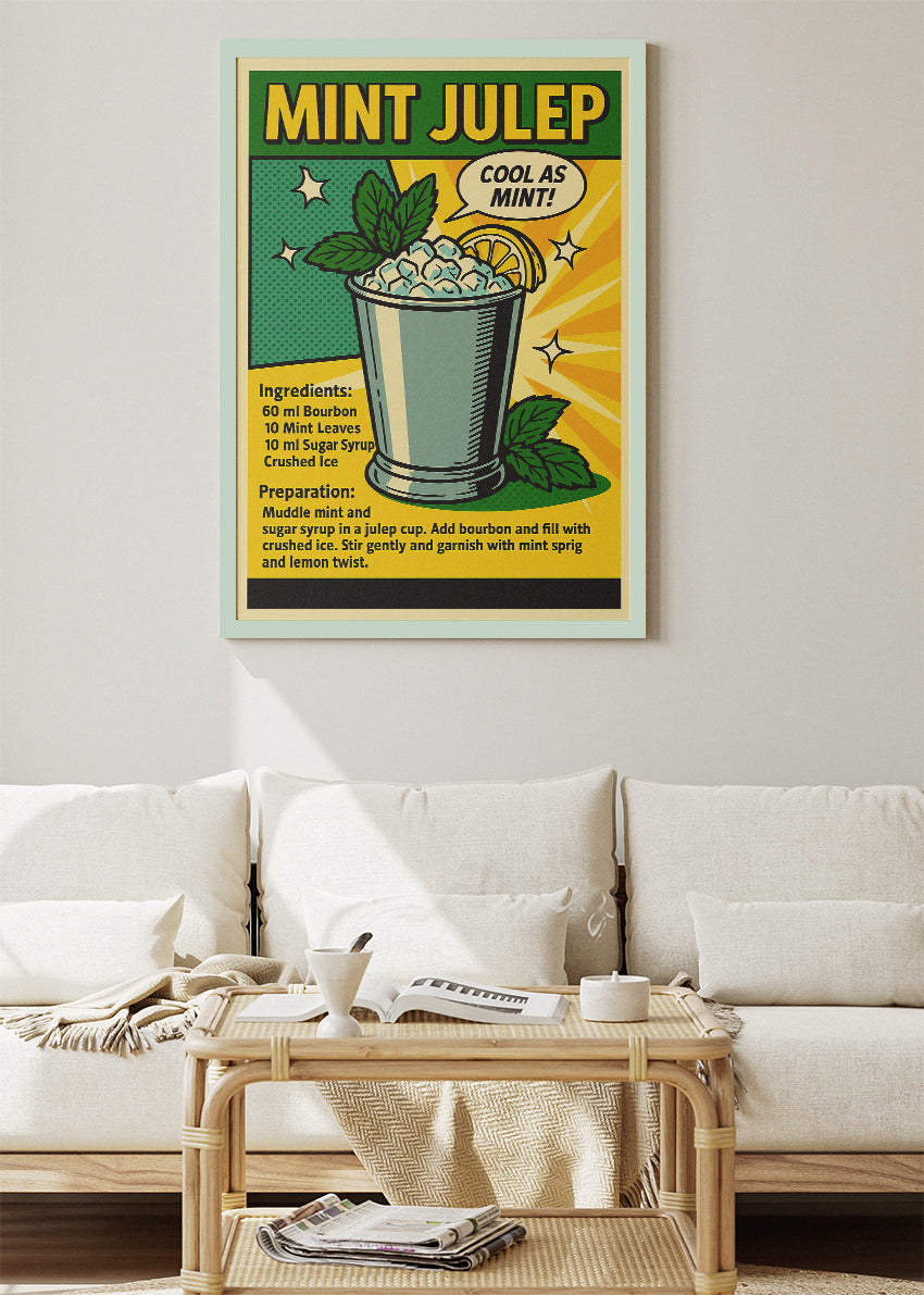 Mint Julep Pop Art Cocktail Recipe Poster & Canvas Print | Retro Comic Bar Wall Art