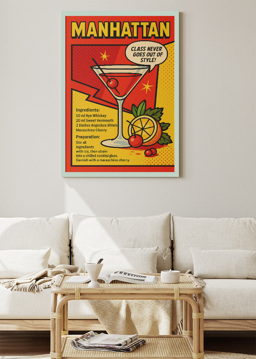 Manhattan Pop Art Cocktail Recipe Poster & Canvas Print | Retro Comic Bar Wall Art