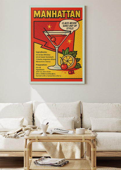 Manhattan Pop Art Cocktail Recipe Poster & Canvas Print | Retro Comic Bar Wall Art