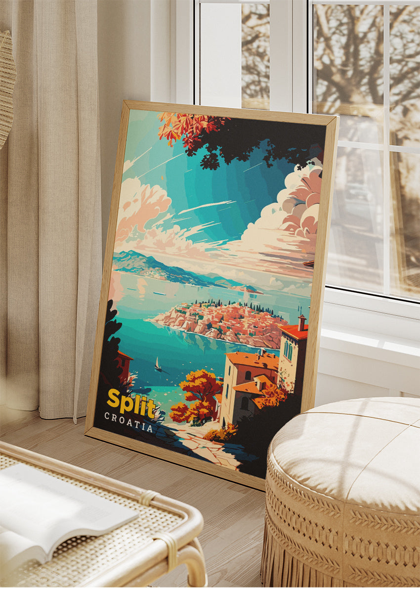 Split Croatia Travel Poster & Canvas Print – Coastal Cliff View Retro Illustration Wall Art