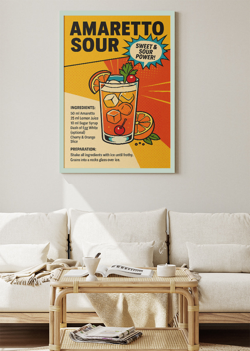 Amaretto Sour Pop Art Recipe Poster & Canvas Print | Retro Cocktail Wall Art