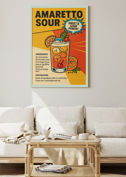 Amaretto Sour Pop Art Recipe Poster & Canvas Print | Retro Cocktail Wall Art