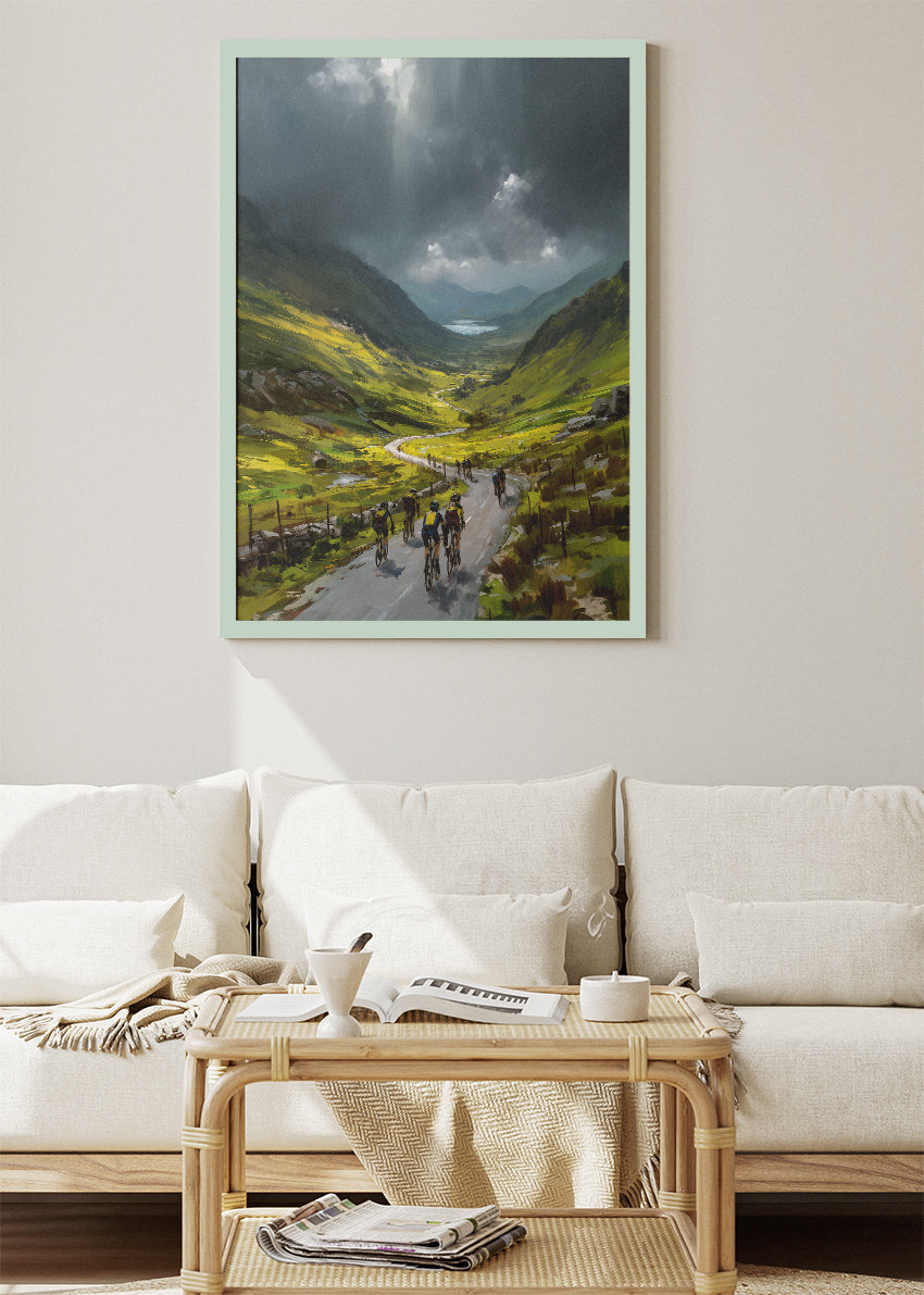 Mountain Valley Cycling Poster & Canvas Art Print – Peloton Riding Through Dramatic Green Highlands