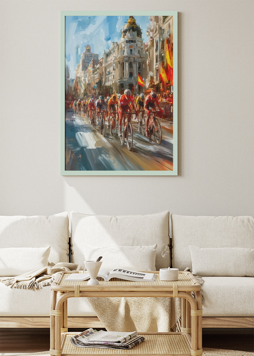 City Street Cycling Poster & Canvas Art Print – Peloton Racing Through Historic European Boulevard
