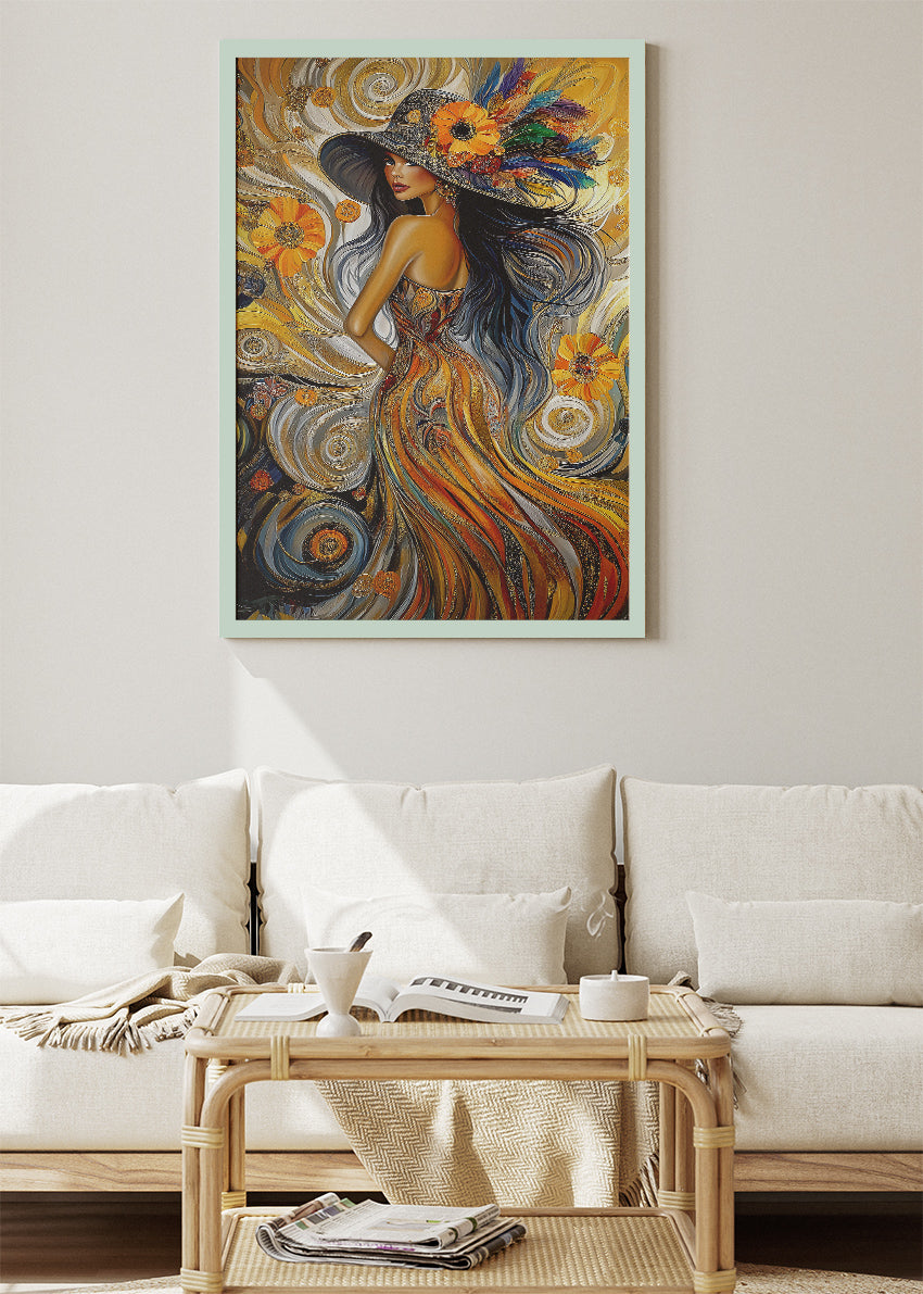 Bohemian Woman Wall Art Print – Golden Abstract Portrait Canvas & Modern Statement Poster for Living Room Decor UK