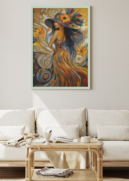 Bohemian Woman Wall Art Print – Golden Abstract Portrait Canvas & Modern Statement Poster for Living Room Decor UK