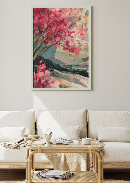 Vibrant Cherry Blossom Coast Wall Art – Pink Floral Landscape Canvas Print | Modern Japandi Poster