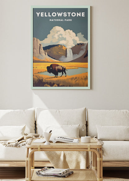 Yellowstone National Park Poster & Canvas Print – Illustrated Bison Landscape Wall Art