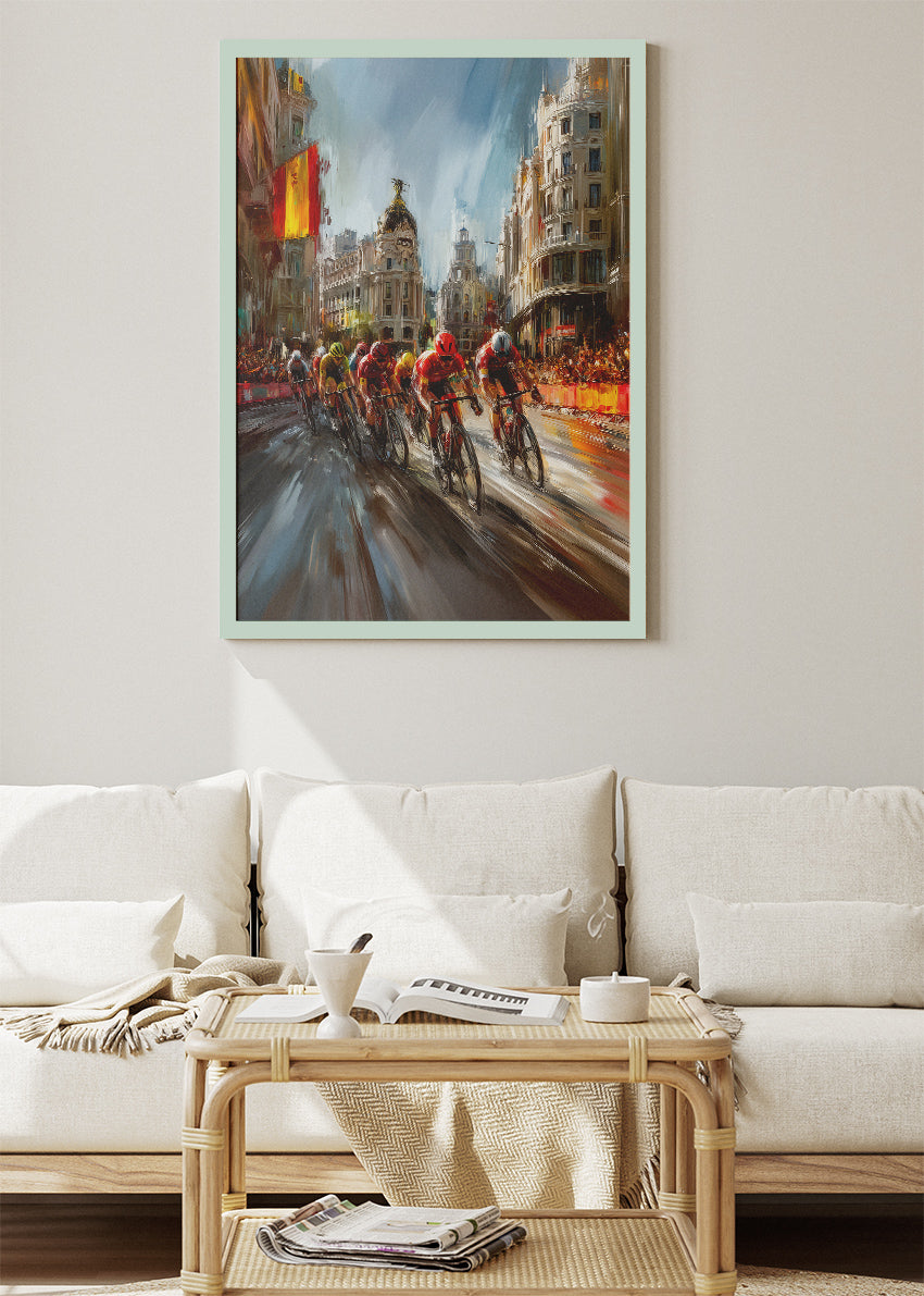 City Peloton Cycling Poster & Canvas Art Print – High-Speed Road Race Through Historic European City