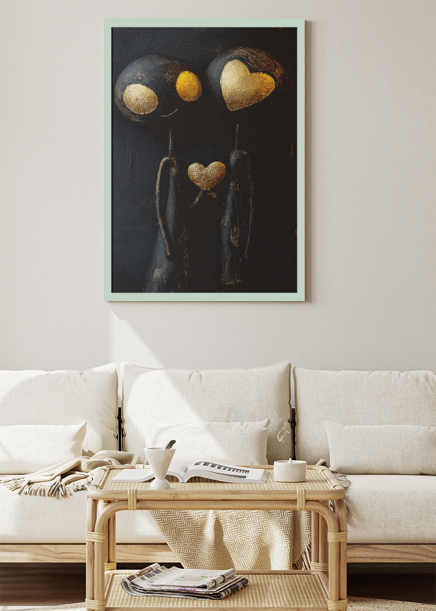 Modern Abstract Couple Wall Art – Black and Gold Love Heart Canvas Print & Contemporary Romantic Poster for Bedroom Decor UK