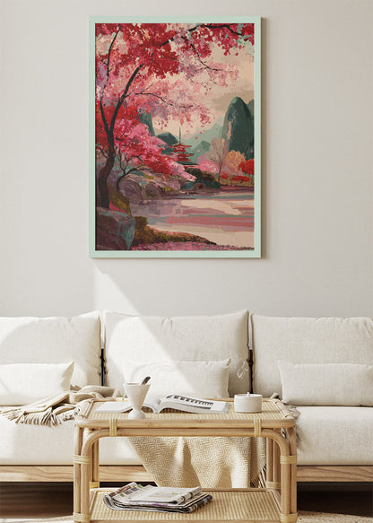 Japanese Cherry Blossom Temple Landscape Canvas & Poster Print – AI PRINT LAB