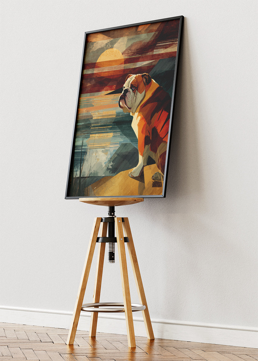 Retro Sunset Bulldog Poster & Canvas Print – Vintage Geometric Dog Wall Art