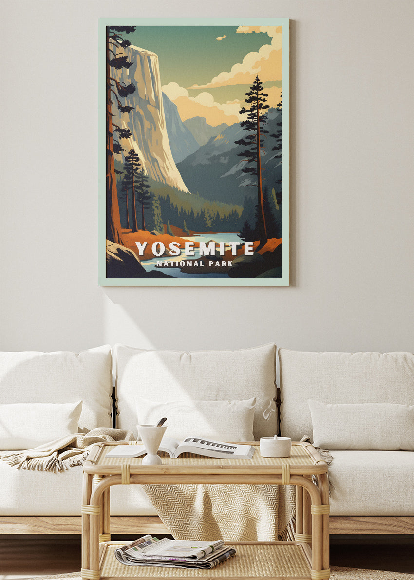 Yosemite National Park Poster & Canvas Print – Illustrated California Mountain Landscape Wall Art