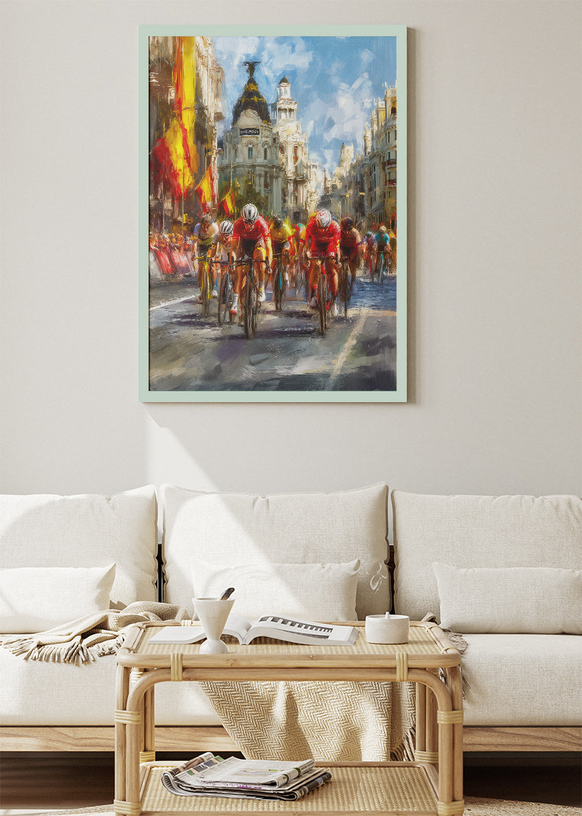 Urban Peloton Cycling Poster & Canvas Art Print – High-Speed Road Race Through a Historic City
