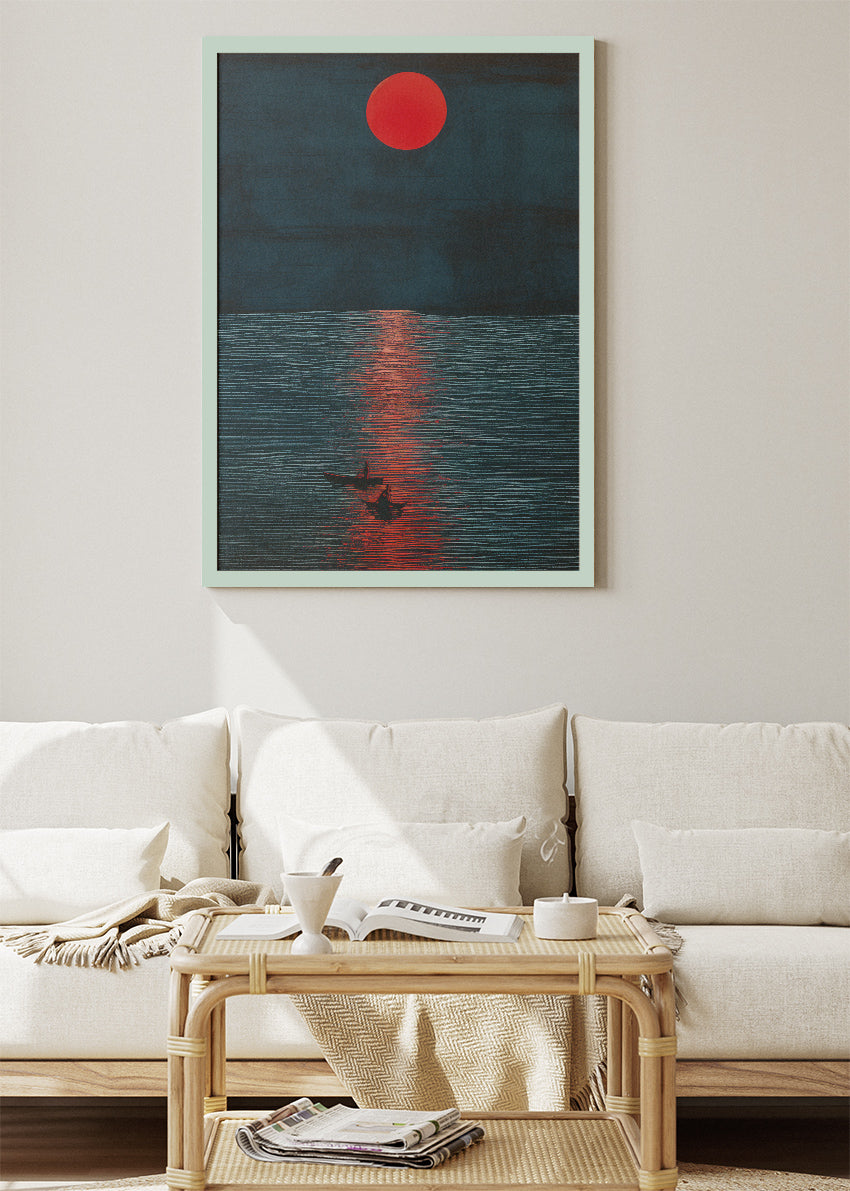 Crimson Moon Over Midnight Sea – Minimalist Sunset Canvas & Poster Print – AI PRINT LAB